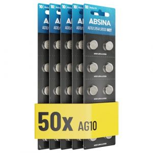 ABSINA 50x Pile LR1130 AG10 LR54-1,5V Alcaline étanche & Longue durée - V10GA / RW49 / G10A / 189 / GP189 / L1130 / 89A - Pile LR54 Pile Bouton, Pile L1131C, Pile L1131, Piles LR54, Piles AG10 (ABSINA GmbH, neuf)
