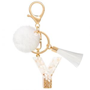 MWOOT Porte Clé Lettre Y Peluche Tassel, Initial Résine Personnalisé Keychain Or Blanc, Porte Clef Lettre Pendentif Décoratif, Kawaii Porte Clef Voiture Charm, Idee Cadeau D'Anniversaire pour Femme (vetpw, neuf)