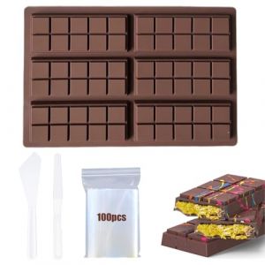 Moule Tablette Chocolat, Moule Chocolat de 6 Cavités, Moule Silicone Tablette de Chocolat, Moule Mini Tablette Chocolat pour Faire du Chocolat Avec 2 grattoirs et 100 sacs (NHQZ, neuf)