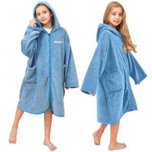 Hiturbo Peignoir à capuche pour enfants : peignoir de bain à fermeture éclair pour natation, plage, surf, maison, bleu, 7-14 ans (JL-store, neuf)