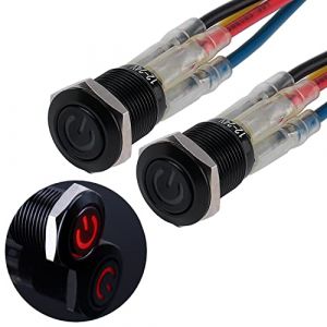 JIQI 2 × 12 mm Interrupteurs à bouton-poussoir étanches momentanés 12V à 24V 2A IP66 Boutons-poussoirs avec éclairage LED Interrupteurs à bouton-poussoir en métal noir avec fils de connexion (Rouge) (LUBAN STORE, neuf)
