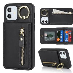 Cavor Coque Compatible avec iPhone 12/12 Pro Etui avec Porte Carte,Flip Portefeuille &Eacute;tui Cuir,[4 Porte Cartes][Ring Support][Pochette zipp&eacute;e],Coque Housse Etui - Noir (Copmob, neuf)