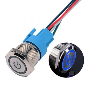 JIQI 22mm Commutateurs à Bouton-Poussoir Momentanés 12V à 24V 3A IP66 1NO 1NC avec Symbole d'Alimentation LED, Commutateurs à Bouton-Poussoir en Métal Imperméable avec Fils de Connexion(Bleu) (LUBAN STORE, neuf)
