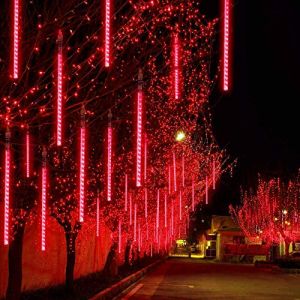 10 Tubes 30CM LED M&eacute;t&eacute;ore Pluie Lumineuses Guirlandes Solaire,DINOWIN Lumineux Etanche Ext&eacute;rieur Douche Pluie Feux pour No&euml;l Mariage F&ecirc;te Soir&eacute;e Maison Arbre Sapin Jardin (Rouge) (DinowinDirect, neuf)