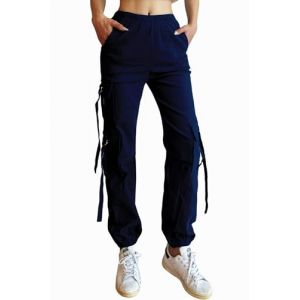 Nuofengkudu Femme Sarouel Cargo Pantalon Resserré Cheville Elastique Taille Haute 5 Poches Jogging Pants Fuseau Travail Pantalons Stretch Ado Y2K Decontracte Sport Mode Punk Gothique Bleu Marine L (better Life, neuf)