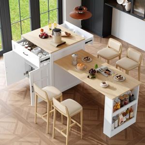 Zepneiy Table de Bar Extensible (133-202×70×93,5 cm) avec Deux tiroirs et Quatre Compartiments, Table Extensible pour 2 à 6 Personnes, Chariot de Cuisine avec étagères latérales, Blanc (ZEYNEP OZTURK LIMITED, neuf)