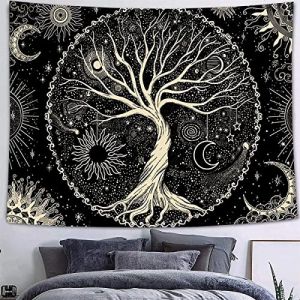 Arawat Tapisserie Arbre de Vie Noir Blanc - Lune Soleil Décoration Murale - Tapis Psychédélique Gothique Tenture (150 x 200cm) (Arawat EU, neuf)