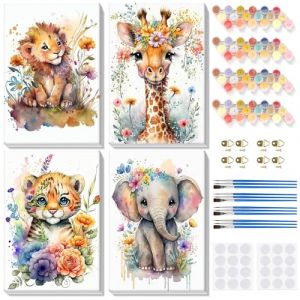 Lxmsja 4 Pièces Peinture Numero Adulte avec Cadre, Fleurs Kit Peinture Animaux Lion Girafe Tigre Éléphant Numéro d'art avec Pinceaux, Loisirs Créatifs Adultes, Activité Manuelle Adulte, 20x30cm (SENQAO EU, neuf)