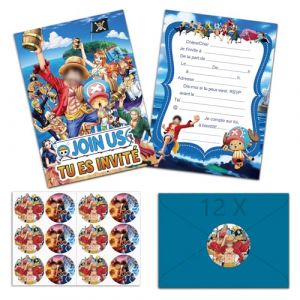 VOVhpbidy 12x One Piec Invitation Anniversaire Garcon en Fran&ccedil;ais avec Enveloppes, Carte Invitation Anniversaire &agrave; Th&egrave;me One Piec, Cartes d'Invitation de F&ecirc;te pour Anniversaire Garcon (A6) (Lanlangkeji, neuf)