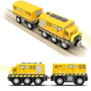 DxxD Train de Locomotives &agrave; Piles, Train Electrique Enfant pour Chemin de Fer en Bois, Voiture avec Son et Lumi&egrave;re, Jouet pour Voie Ferr&eacute;e Compatible avec Thomas Brio, Jouet Enfant 3 4 5 6 7, Jaune (MilkyWayToy, neuf)
