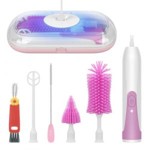 BlumWay Brosse à biberon électrique, portable pour le voyage, kit de nettoyage de biberon étanche avec brosse à tétons et paille, kit de brosses pour le nettoyage des couvercles de tasse, violet (Gerls, neuf)
