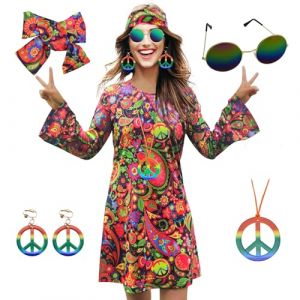 MRYUWB Robe hippie des ann&eacute;es 70, collier, boucles d'oreilles, lunettes de soleil, tenue disco pour femme, costume de f&ecirc;te des ann&eacute;es 60, robes r&eacute;tro d'Halloween, Fleurs r&eacute;tro., Medium (HSfushi, neuf)