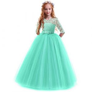 IWEMEK Enfants Fille Robe de Carnaval Princesse Longue en Dentelle avec Bowknot Demoiselle d'honneur Robe de Soirée Mariage Robe de Première Communion Anniversaire Fête Photographie 9-10 Ans (IWEMEK, neuf)