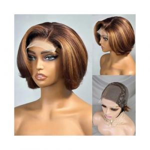 Perruque Perruques frontales 100% cheveux humains, m&egrave;ches 4x4, coupe courte ondul&eacute;e, coupe au carr&eacute;, ombr&eacute;e, brune, blonde, raie en C, 27 pouces Perruques Cheveux (huangliangyichang, neuf)