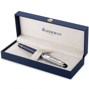 Waterman Expert Stylo plume - Laqué gris métallique et bleu - Capuchon biseauté - Plume fine en acier inoxydable - Encre bleue - Écrin (Parker - Rotring - Waterman, neuf)
