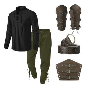 Gefomuofe Costume viking pour homme, chemise, costume de pirate, en lin, vêtements médiévaux, chemise classique à lacets, chemise de pirate, pantalon et accessoires, ensemble de 4 pièces, Noir , XL (SDFKLJV, neuf)