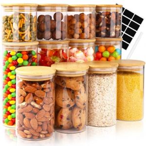 Ezvsevuo Bocaux en Verre Herm&eacute;tique - Lot de 12 Bocal en Verre avec Couvercle en Bambou - 4x800ml & 4x550ml & 4x300ml - Pot en Verre avec &Eacute;tiquettes - Boite Rangement pour C&eacute;r&eacute;ales, Haricots, &Eacute;pices (Ezvsevuo, neuf)