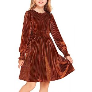 Arshiner Robe pour Fille Robe de F&ecirc;te &agrave; Manches Longues Robe en Velours Vintage pour Enfants Robe d&eacute;contract&eacute;e Robe d'automne Robe de soir&eacute;e Robe de No&euml;l Caramel 10-11 Ans (Arshiner Store, neuf)