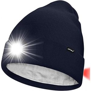ATNKE Unisexe 8 LED Bonnet Lampe Frontale,USB Rechargeable Rouge Feu Arri&egrave;re Clignotant Chapeau de Course Lumi&egrave;re Chaud Polaire Doubl&eacute;e Tricot Bonnet Cadeaux pour Hommes et Femmes/Navy Blue (Memorye, neuf)