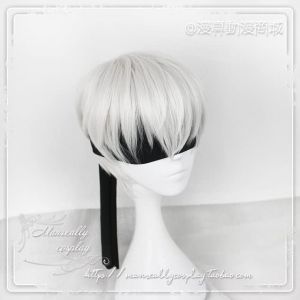 LINLINCD Perruque Cosplay NieR : Automata 9S Argent Blanc Perruque YoRHa N° 9 Modèle S Hommes Anime Cosplay Perruque avec cache-œil noir Taille unique 9s (qiu lai shan mao hang, neuf)