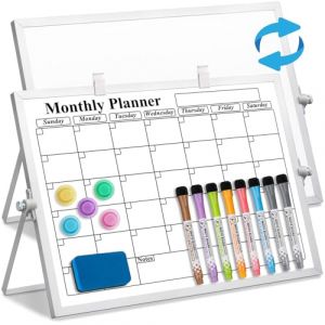 LISSCHANN Tableau blanc magnétique effaçable à sec avec support, 40,6 x 30,5 cm, tableau blanc de bureau double face, calendrier mensuel portable avec 8 marqueurs, 5 aimants, 2 supports de marqueurs (LISSCHANN STORE, neuf)