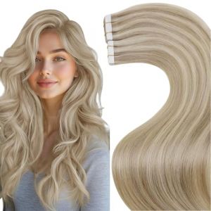 LaaVoo 65cm Extension Cheveux Naturel Adhesive Mélange Platine et La Blond Clair Highlight 60g 20pcs Extension Cheveux Humain Adhesive Vrais Blanc Dore Lisse #P16/22 (Laavoo, neuf)