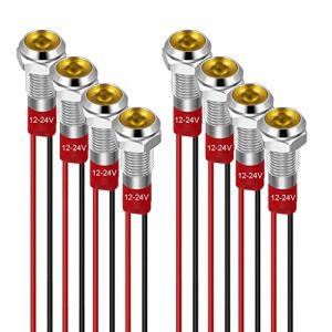GUUZI 6mm Voyant LED 12-24V Signal Lumineux &eacute;tanche Panneau M&eacute;tallique Voyant LED Montage sur Panneau T&ecirc;te Plate avec Fils Coque Argent&eacute;e (Jaune, 8pcs) (GUZI STORE, neuf)