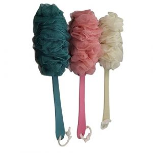 NIYANGLE 3pièce Boule De Douche Exfoliante à Long Manche Boule De Bain Pour Corps Éponge De Bain Avec Cordon De Suspension Beige Rose Bleu (Telinei, neuf)