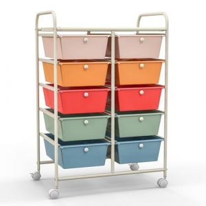 KOMFOTTEU Chariot de Rangement à 10 Tiroirs, Meuble Tiroir à Roulettes verrouillage, Chariot en plastique, Chariot organisateur, pour Bureau, Salle de Bains, Salon (Couleur macaron) (Komfort GmbH, neuf)