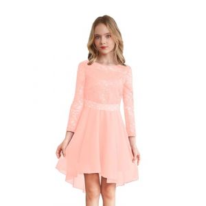 Freebily Robe Princesse Soiree Fille Enfant Robe De Ceremonie Mariage Manche Longue Dentelle Strass Chiffon A-Ligne Robes Ecole Et&eacute; Fete Party Rose 9-10 Ans (MissPretty, neuf)