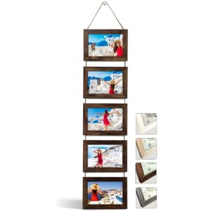 NEOWS Cadre Photo Multiple avec Corde pour Suspendre au Mur - Lot de Cadres Décoratifs pour Accrochage Mural Vertical - Porte Portrait Pele Mele - Photos 10x15 (Bois Vieilli, 5 Photos Horizontal) (NEOWStore, neuf)