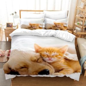 PORJDN Housse de Couette Chat,avec Housse de Couette et taie d'oreiller 65x65cm.Kitty Housse de Couette 3D Animal de Compagnie Ensemble Housse de Couette Chat. (Chats et Chiens-2, 200x200cm) (CR-EU-STORE, neuf)
