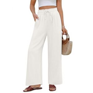 PASUDA Pantalon Femme &Eacute;t&eacute; Lin Pantalons D&eacute;contract&eacute;s Pantalon Taille Haute Elastique Pantalon en Coton Chanvre L&eacute;ger Large Pantalon Fluide Ample avec Poches (Beige, S) (Amutoo, neuf)