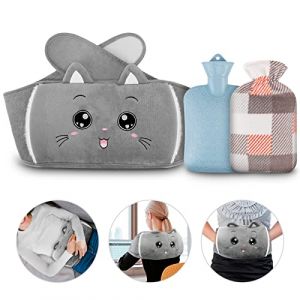 NAJILI Ceinture bouillotte 3 en 1, bouillotte de 1 l avec housse, jolie ceinture chauffante pour les périodes de chat, parfaite pour le ventre, le dos, le cou et les épaules (chat) 2-gris Chat-2 (QinXi-EU, neuf)