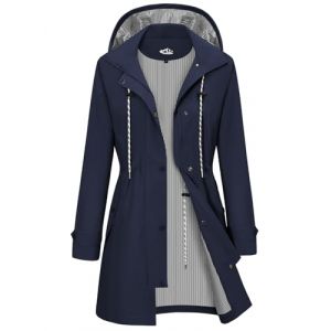 CMTOP Veste Imperméable Femme Longue Coupe Vent Parka Mi Saison Vêtements d'Extérieur Printemps Automne Manteau Cordon de Serrage Trench Légère et Pliable Veste de Pluie avec Capuche (Marine, XL) (Lemens, neuf)