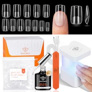 modelones Capsule Americaine Ongle Kit, 216pcs Faux Ongles Carr&eacute;s Courts 12 Tailles, Mini Lampe Uv und 9 in On Nail Glue, Pose Americaine Ongle Kit pour l'Extension des Ongles, Cadeau pour Femmes (MJ BEAUTY, neuf)