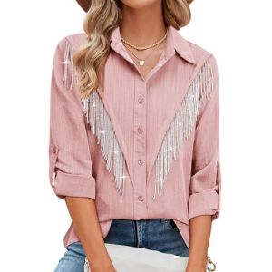 MYMORE Chemise &agrave; franges scintillantes &agrave; manches 3/4 pour femme avec boutons, haut de concert country Nashville, tenue western de cowgirl, rouge, L (MAOYUESHANGMAO, neuf)