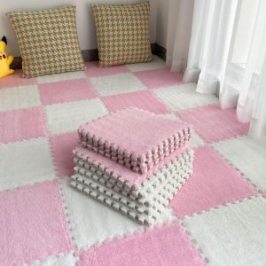 Lot de 10 Tapis de Jeu en Mousse Pelucheuse - Protection de Sol Carr&eacute;e &agrave; Poils Longs - Puzzle pour Salle de Jeux - 30 x 30 x 1 cm - Rose et Blanc (lechushangmaobaihuo, neuf)