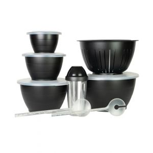 Thiru Lot de 8 saladiers noirs avec couvercles – 8 pièces 0,6 l/1,3 l/2,5 l/4,4 l/6,5 l – Avec couvercle, passoire, couverts à salade – Sans BPA – Fabriqué en Allemagne (Thiru Manufacturing, neuf)