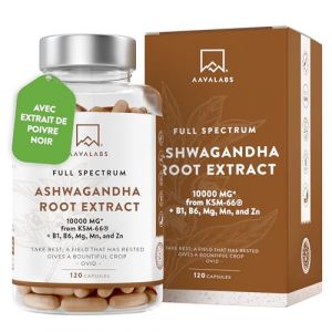 Ashwagandha KSM-66 1000mg, Vitamine B6, Vitamine B1, Zinc, Magnesium, Manganese - Extrait de Racine Ashwagandha, Bio Poivre Noir - Ashwaganda (Ginseng indien) Extra Fort 5% Withanolides - 120 Gélules (AAVALABS, neuf)