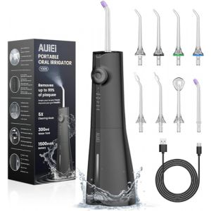 AUIEI Jet Dentaire Hydropulseur Portable Water Flosser, Irrigateur Oral 5 Modes et 8 Buses,Réservoir 300ML, USB Chargé, Étanche IPX7,Convient Gencive Sensible (Noir) (CRISTINICA I.B. STORE S.R.L., neuf)