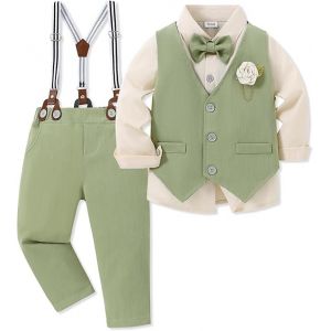 ZOEREA B&eacute;b&eacute; Gar&ccedil;on Gentleman Smoking V&ecirc;tements Ensembles, Enfant Mariage Bapt&ecirc;me Tenue Costume Haut Chemise+Gilet+Pantalon+N&oelig;ud Papillon+Corsage Style 3 Vert, 12-18 mois (KUONUO, neuf)