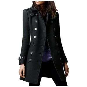 Susenstone Femme Manteaux en Laine Mélangée à Double Boutonnage Manteau Femme Hiver Chic Manteau Chaud Mi-Long Épaulette Manteau Mince Blazer Long Manteau Couleur Unie Coupe-vent Mi-long Blouson (⭐⭐⭐⭐⭐Susenstone, neuf)