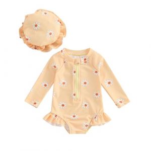 Carolilly Maillot de Bain Une Pièce Bébé Fille à Volant Imprimé Floral, Maillot de Bain Anti-UV à Manches Longues avec Chapeau (6 Mois à 3 Ans) (Jaune, 6-9 Months) (La Vie Brillante, neuf)