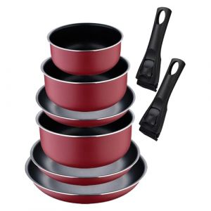 Set de 3 po&ecirc;les &Oslash;18&Oslash;20&Oslash;24cm avec manche amovible + 3 casseroles &Oslash;16&Oslash;18&Oslash;20cm avec manche amovible - en aluminium press&eacute; couleur rouge Click&Cook Bergner (Brandsonline1, neuf)