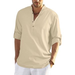 YAOHUOLE Chemise en Lin Homme Manche Longue Chemise Col Mao Homme Manches Longues Été Mao Chemise Chemise Lin Homme Kaki 2XL (Yaohuole, neuf)