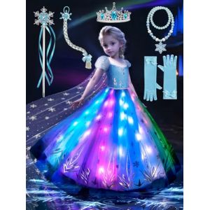 Robe Princesse Fille, Deguisement Princesse Fille Sync avec Rythme de Musique, Contrôlable par APP, Robe Lumineuse LED RGB Kit de Fête avec 6pcs Accessoires pour Halloween, Noël, Carnaval, 8-9 Ans (UPOR, neuf)