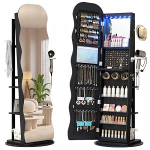 LVSOMT Armoire à bijoux LED avec Miroir Ondulé, Rotative à 360° Armoire à bijoux Verrouillable, Armoire Miroir Debout pour Salon et Chambre à coucher, étagère à 3 niveaux et 3 crochets, Noir (lvsomt, neuf)