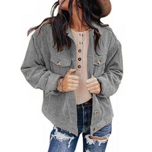 ORANDESIGNE Veste Femme Chic et Elegant Mi Saison Velours Côtelé Chemisie Vintage Leger Blouson Jacket Hiver Printemps Surchemise Cardigan Coat Manteau avec Poches Gris XXL (ORANNER EU, neuf)