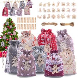 HOVIBU 24 Calendrier de L'Avent a Remplir Soit Meme, DIY Calendrier de L'Avent Tissu avec Pinces en Bois, Corde de Chanvre, Chiffres en Bois, Pochette Calendrier de Jour de No&euml;l Kit (DOBRICA BREDA SHOP S.R.L., neuf)